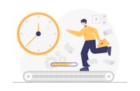 Young Businessman holding briefcase and running with office icons on the background. time management concept. cartoon character. Vector illustration.