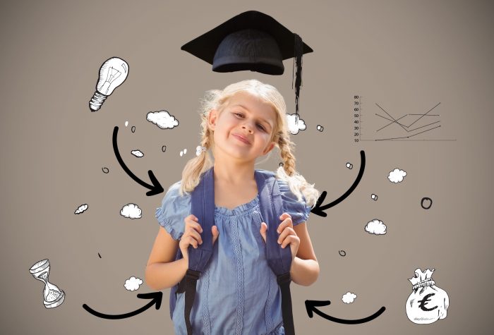 Smiling schoolgirl standing with backpack against various icons and arrow sign Digital composite image of smiling schoolgirl standing with backpack against various icons and arrow signs